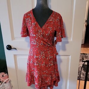 Floral Red Wrap Dress Small